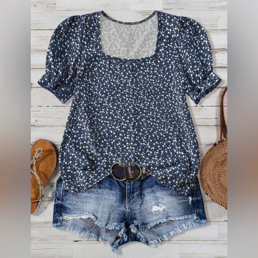 Shein Blouse XL Blue Floral Square Neck Multicolor Puffy Sleeves Vacation Top